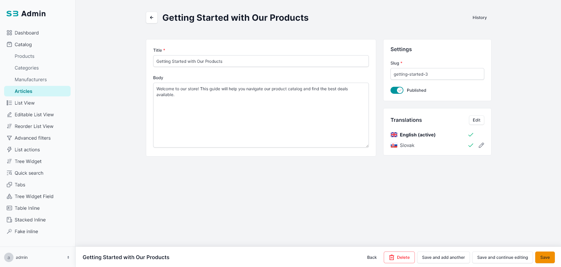 Translatable model detail view with languages widget